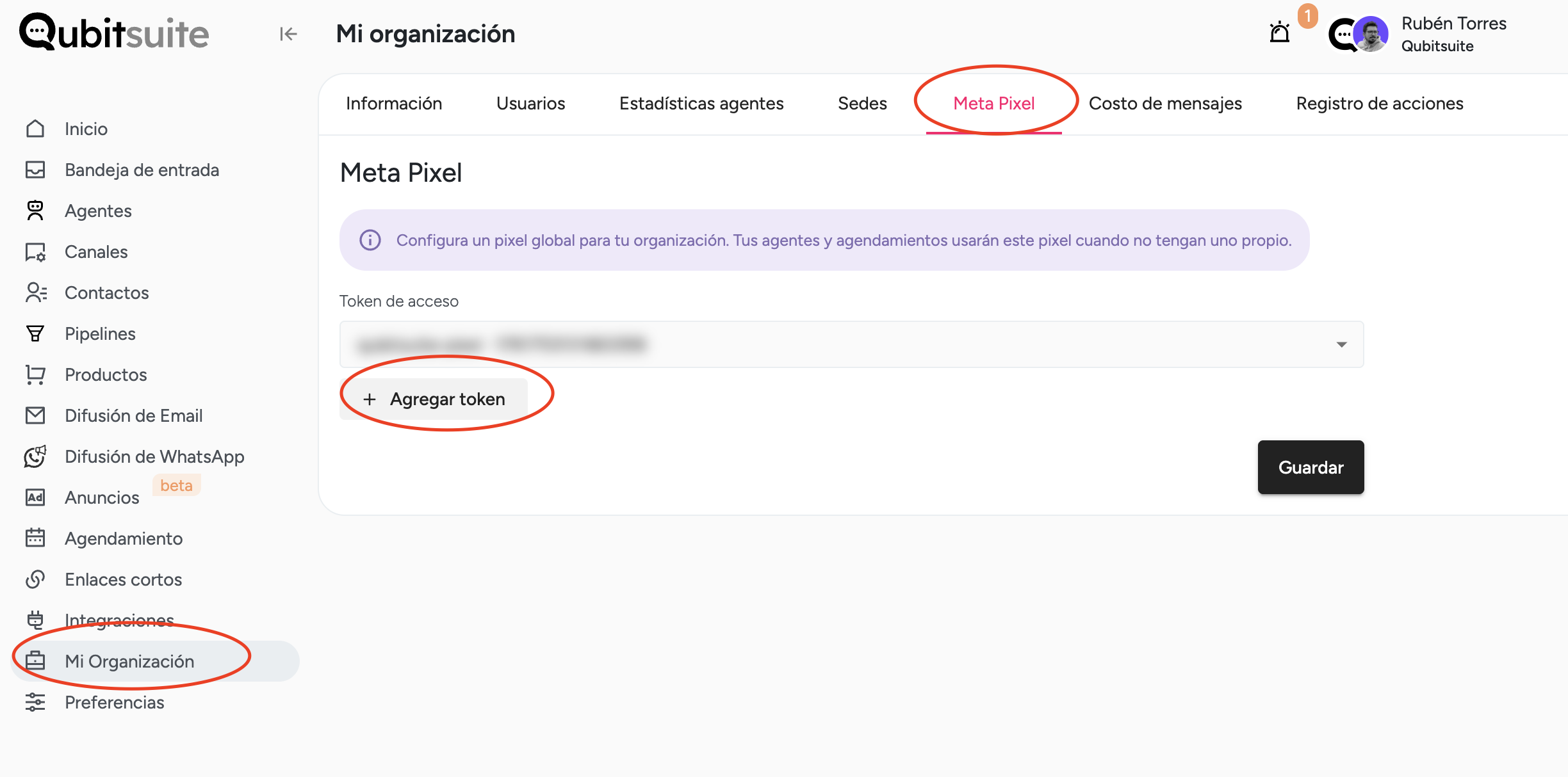 Sección Meta Pixel en Mi organización con el botón Agregar token