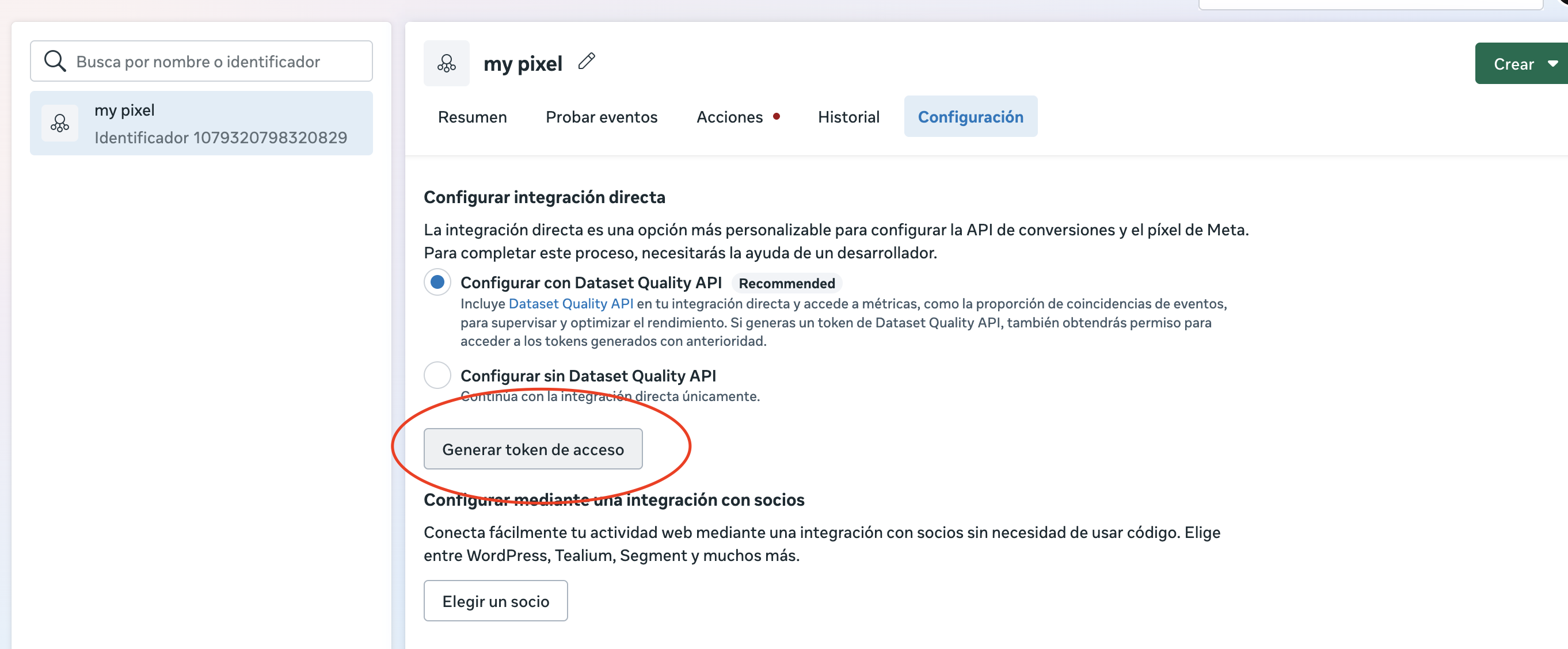 Botón Generar token de acceso en la configuración del conjunto de datos